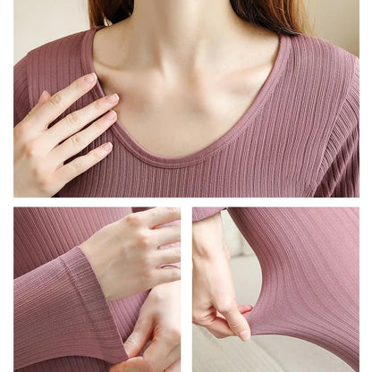 FINETOO 2 Pieces Women Thermal Underwear Sexy Long Sleeve Winter Clothes Seamless Thermal Intimate Set Ladies Thick Sleepwear