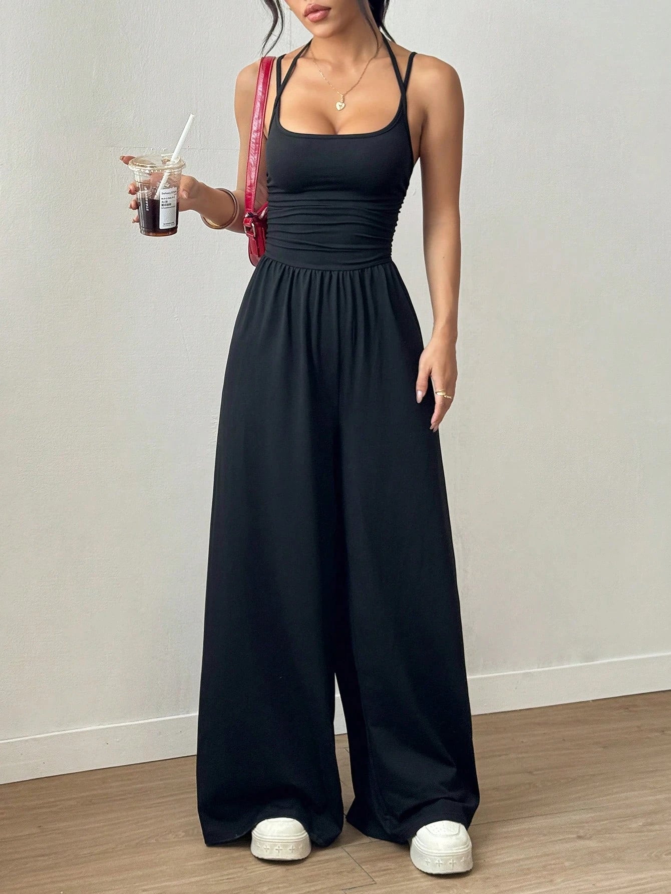 Women's Casual Solid Color Pleating Loose Straight Jumpsuit A-line Backless Halter Neck Slim Cami Jumpsuit Streetwear 2025