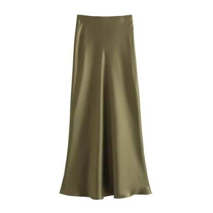 2024 Spring Summer New Women's High-Waisted Skirt European Style Silk-Satin Feeling Long Dress Solid Color Simple Design