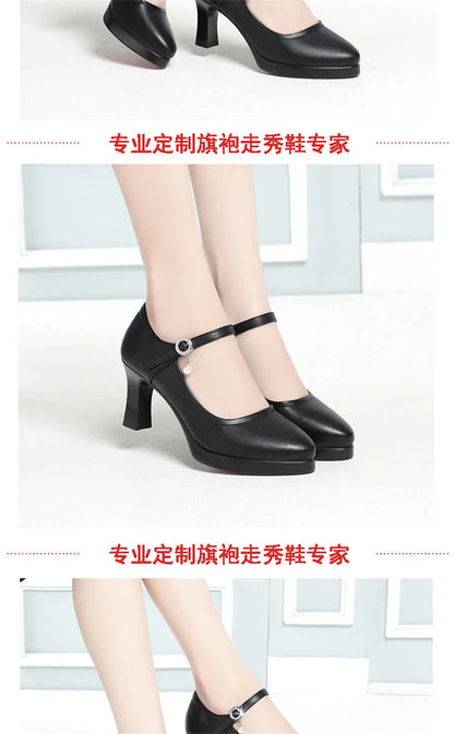 High Heels Comfort Platform Pumps 2024 Spring New Fashion Buckle Solid Black Shoes Woman Soft Leather Waterproof Single Shoes