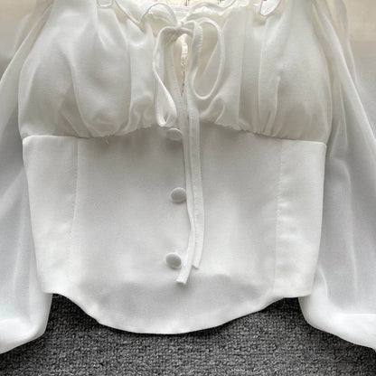 French Chic Halter Blouses Femininas Bow Flare Sleeve Short Tops Dames HighStreet Blusa Mujer Casual Shirts Clothes Dropshipping