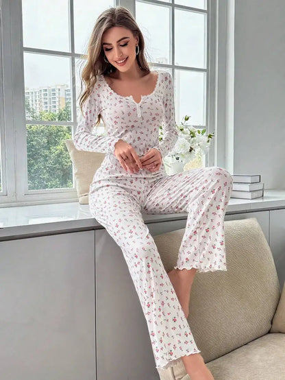 New Women Soft Comfortable sexy Floral Print Pajama Set Long Sleeve Top and Pants Loungewear Sleepwear Two Piece Set Homewear