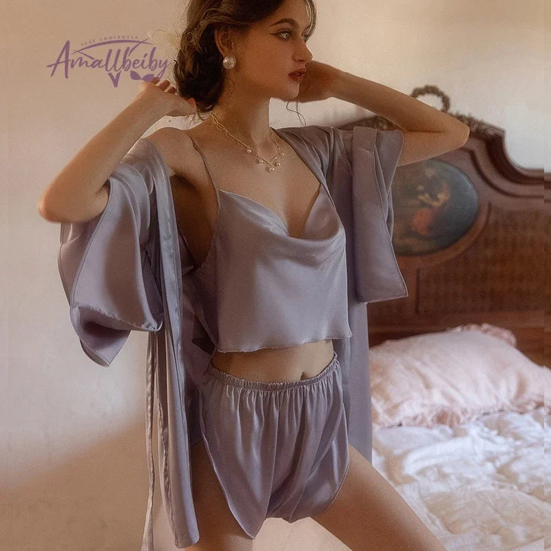 White Sleep Tops and Shorts 2pcs Underwear Set Summer Women's Pajamas Flirting Celebrity Swinging Collar Ice Silk Loungewear Set