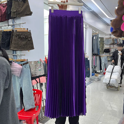98cm Basics Maxi Pleated Skirt for Women New Korean Casual All-match Solid A Line High Waist Long Maxi Skirt Female