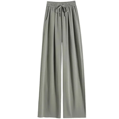 2024 New Summer Women's Casual Pants High Waist Solid Minimalism Loose Floor Length Wide Leg Trousers Female