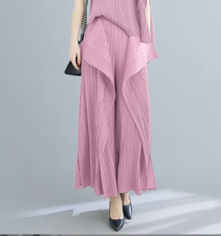 Miyake 2025 New Pleated Pants Irregular Wide-legged Pants Simple Loose Large Size with Elastic Formal Occasions Commuter Women's