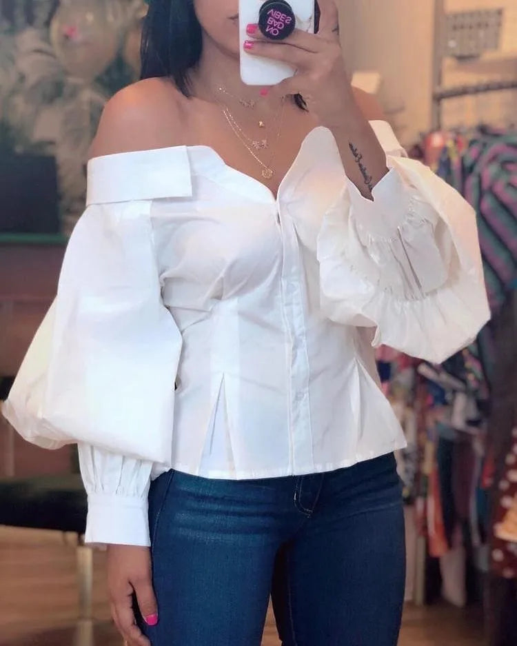 Elegant White Shirts for Women Lantern Sleeve Off Shoulder Top Lady Blosues Long Sleeve Ruched Design Feamel Clothes Spring 2025