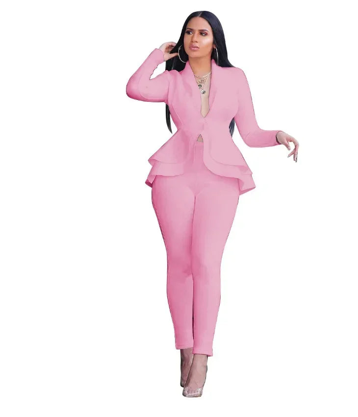 2025 Women's Formal Set 2PCS Tracksuit Full Sleeve Ruffles Blazers Pencil Pants Suit Two Piece Set Office Lady Outfits Uniform