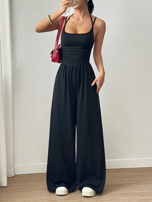 Women's Casual Solid Color Pleating Loose Straight Jumpsuit A-line Backless Halter Neck Slim Cami Jumpsuit Streetwear 2025