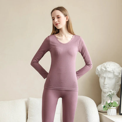 FINETOO 2 Pieces Women Thermal Underwear Sexy Long Sleeve Winter Clothes Seamless Thermal Intimate Set Ladies Thick Sleepwear
