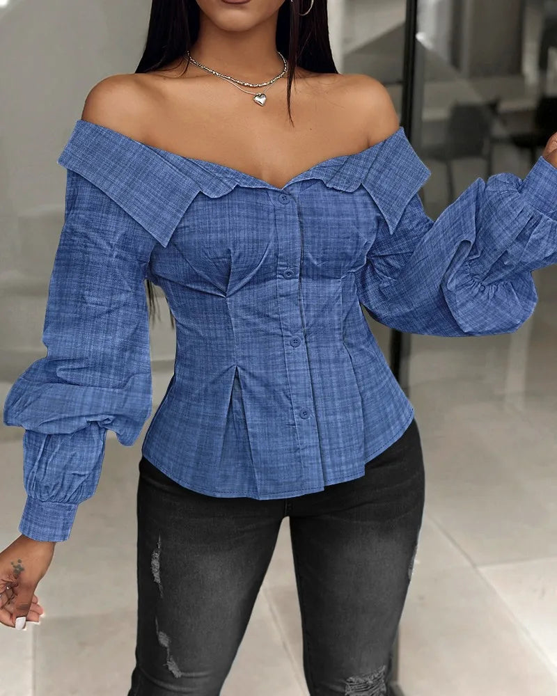 Elegant White Shirts for Women Lantern Sleeve Off Shoulder Top Lady Blosues Long Sleeve Ruched Design Feamel Clothes Spring 2025