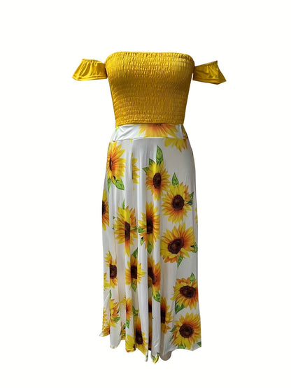 Chic Womens Two-Piece Outfit Set - Off-Shoulder Ruched Top & Sunflower-Print Split Skirt - Perfect for Spring/Summer Vacations