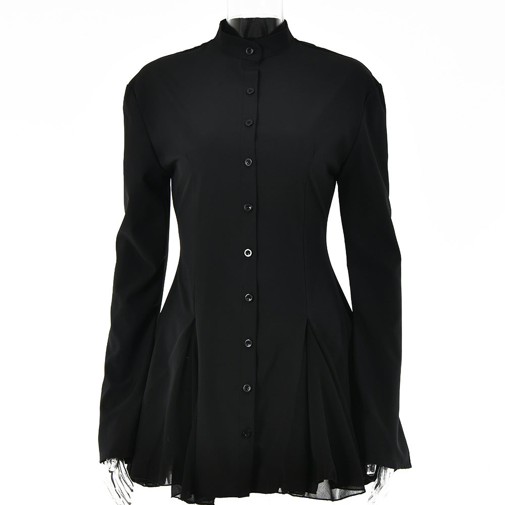 Ruffled Cardigan Crew Neck Long Sleeve Single Breasted Dress