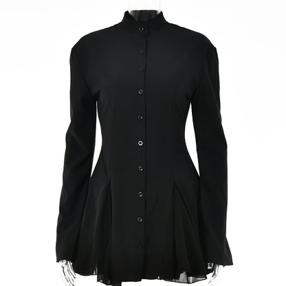 Ruffled Cardigan Crew Neck Long Sleeve Single Breasted Dress